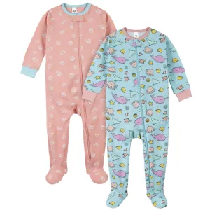 2-Pack Girls Narwhal Snug Fit Footed Cotton Pajamas