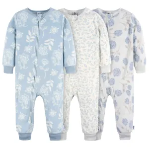 3-Pack Infant & Toddler Girls Blue Floral Footless Fleece Pajamas