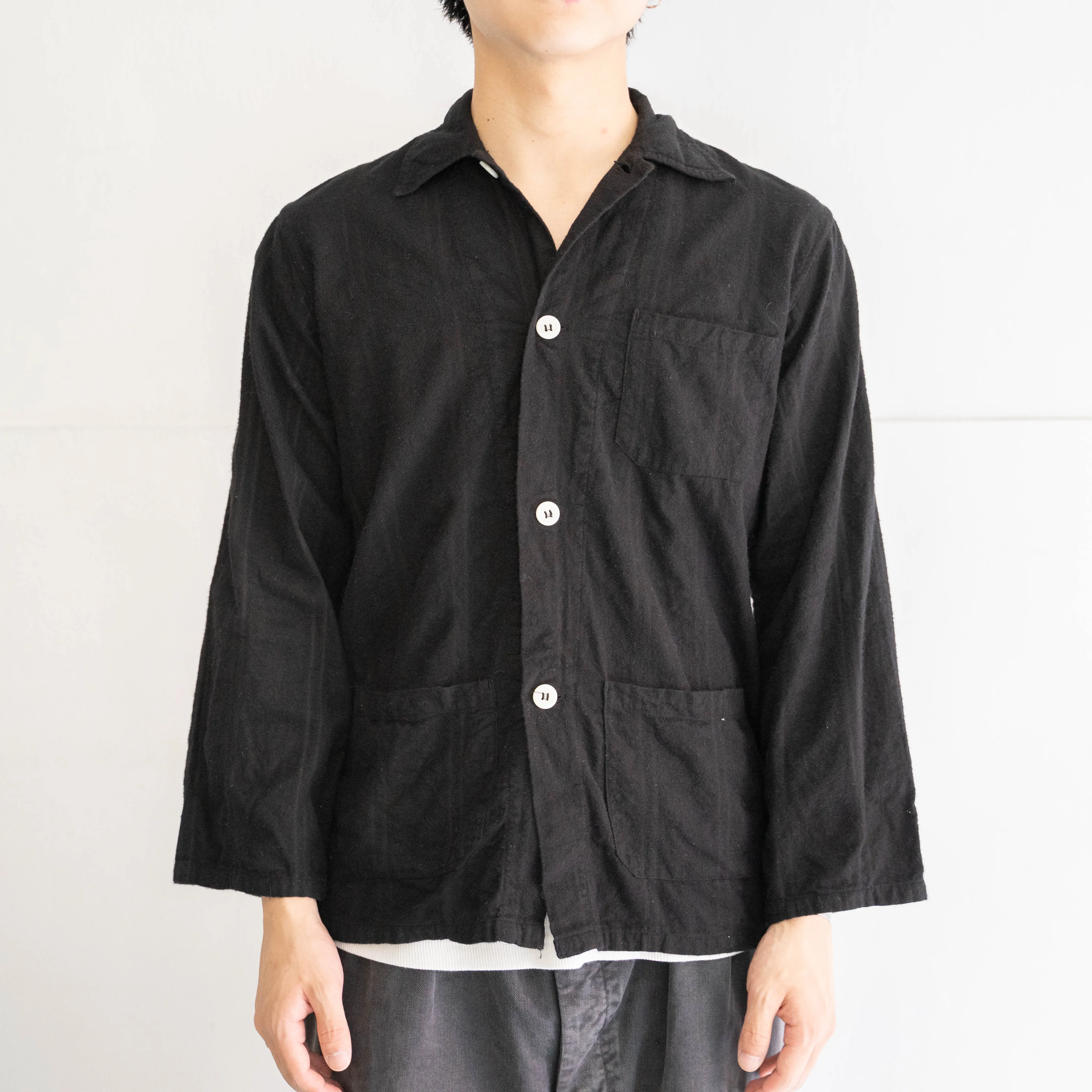 around 1980s Europe cotton flannel stripe pattern pajamas shirt ’black dyed'