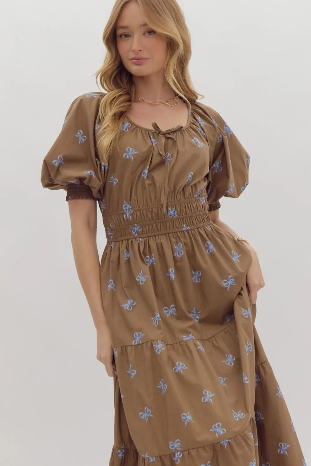 Bow Print Scoop Neck Puff Sleeve Midi Dress