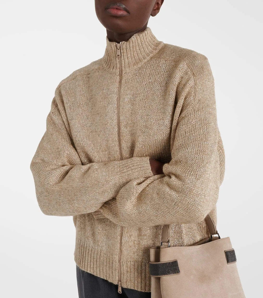 Cardigan with zipper Brunello Cucinelli, beige