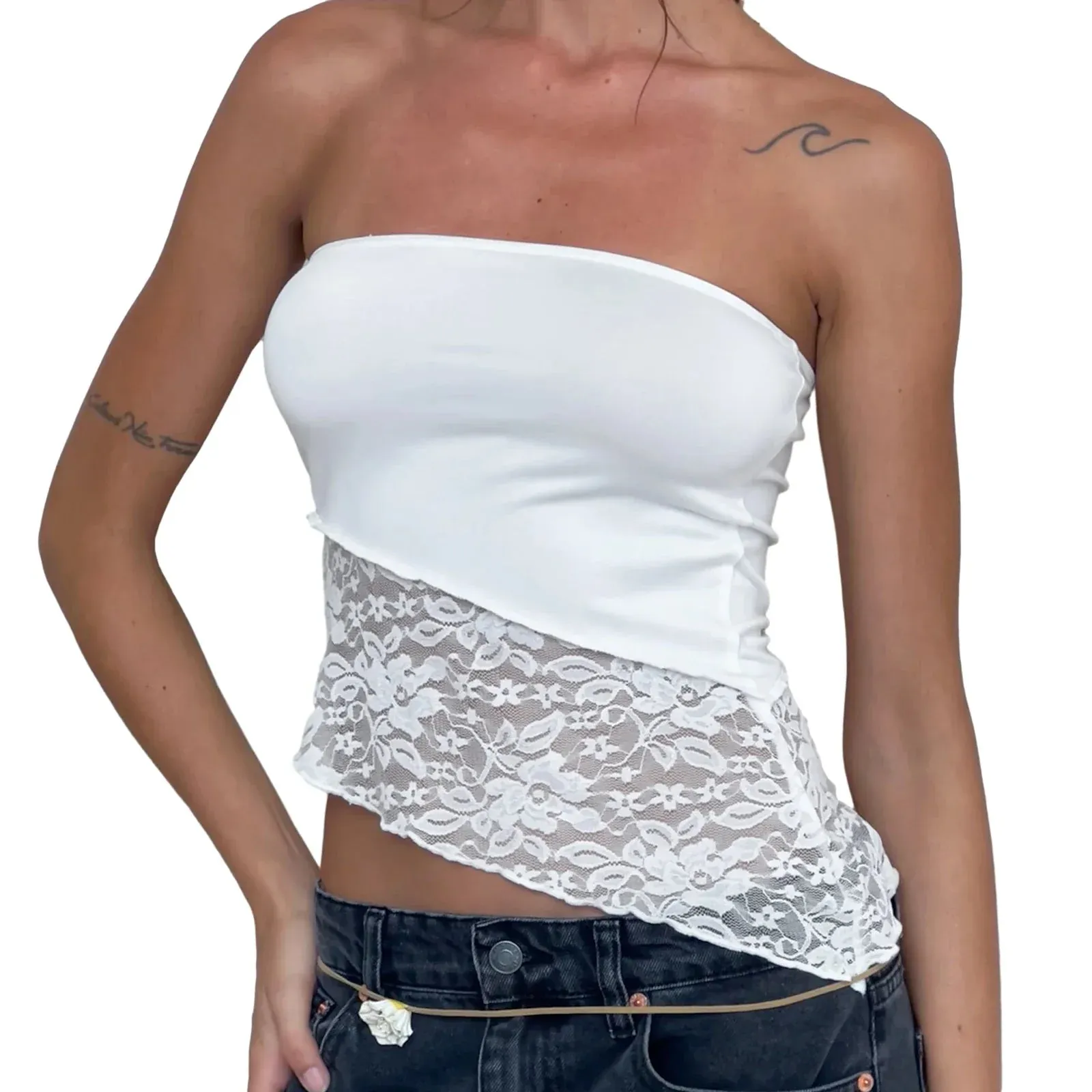 Chest Wrapping Tanks Solid Lace See Through Backless Chic Strapless Crop Sexy Tops