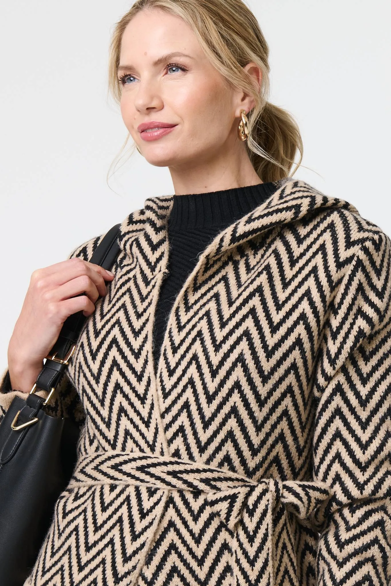 Chevron Print Tie Waist Hooded Coatigan