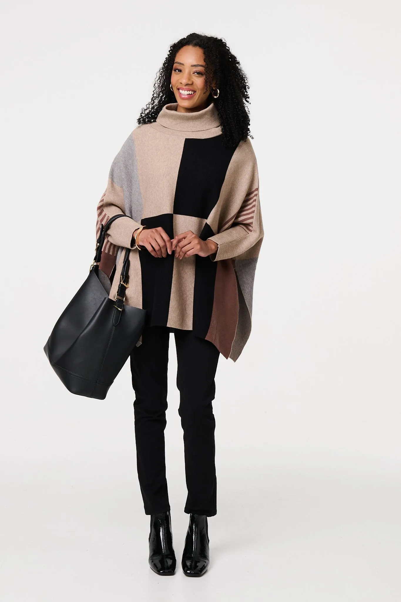 Colour Block Roll Neck Knitted Poncho