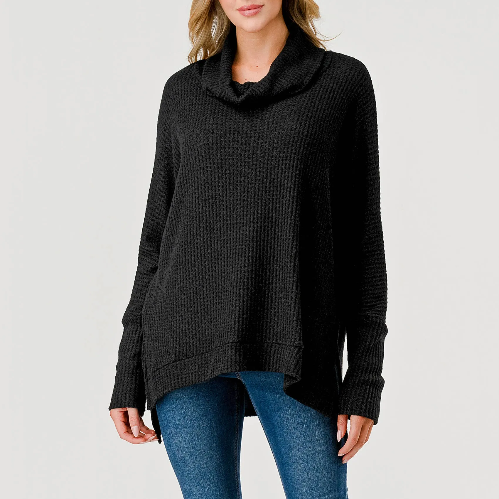 Heimious Waffle Knit Cowl Neck Sweater | Black