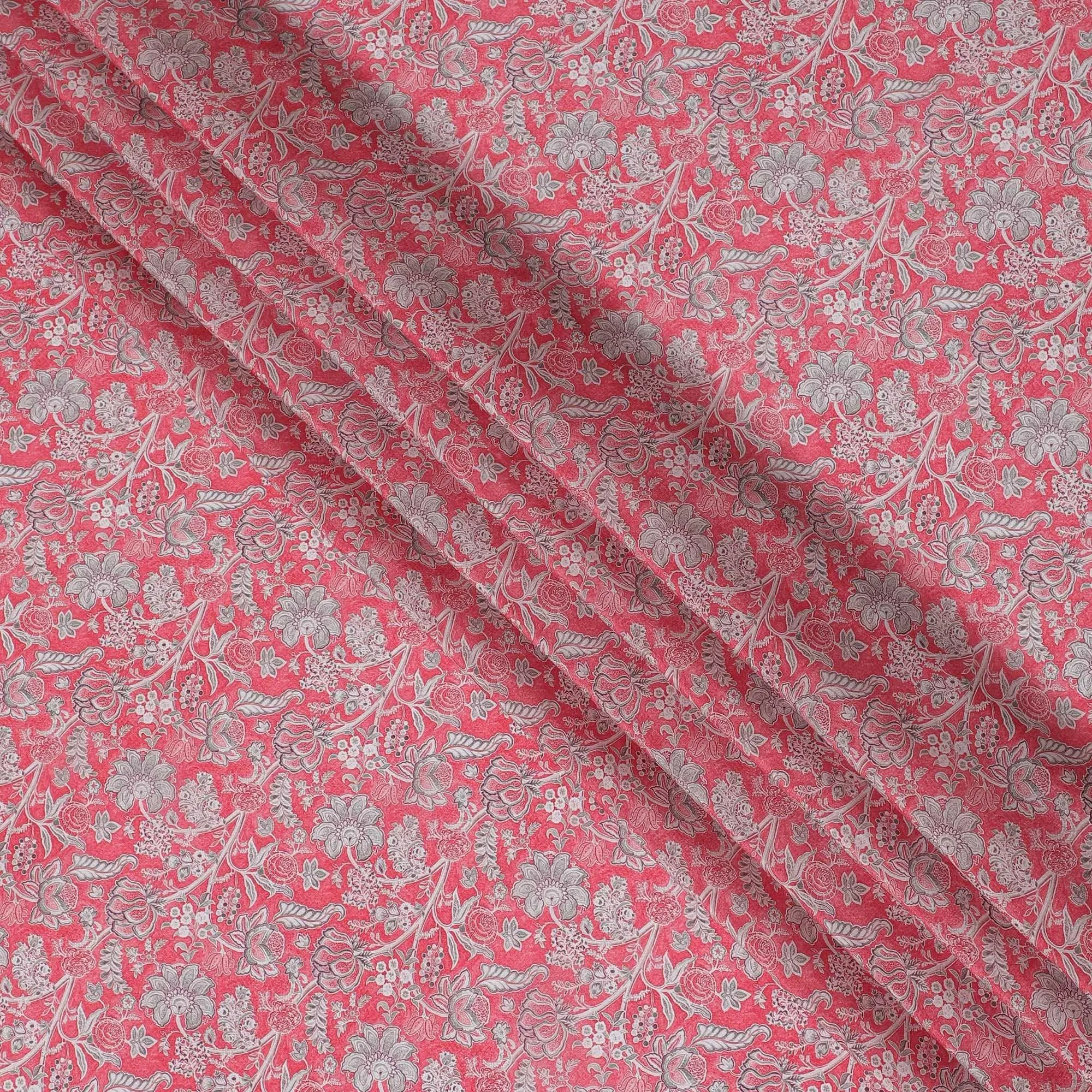 Hot pink synthetic crepe fabric with grey and maroon digital prints in floral design-D15782