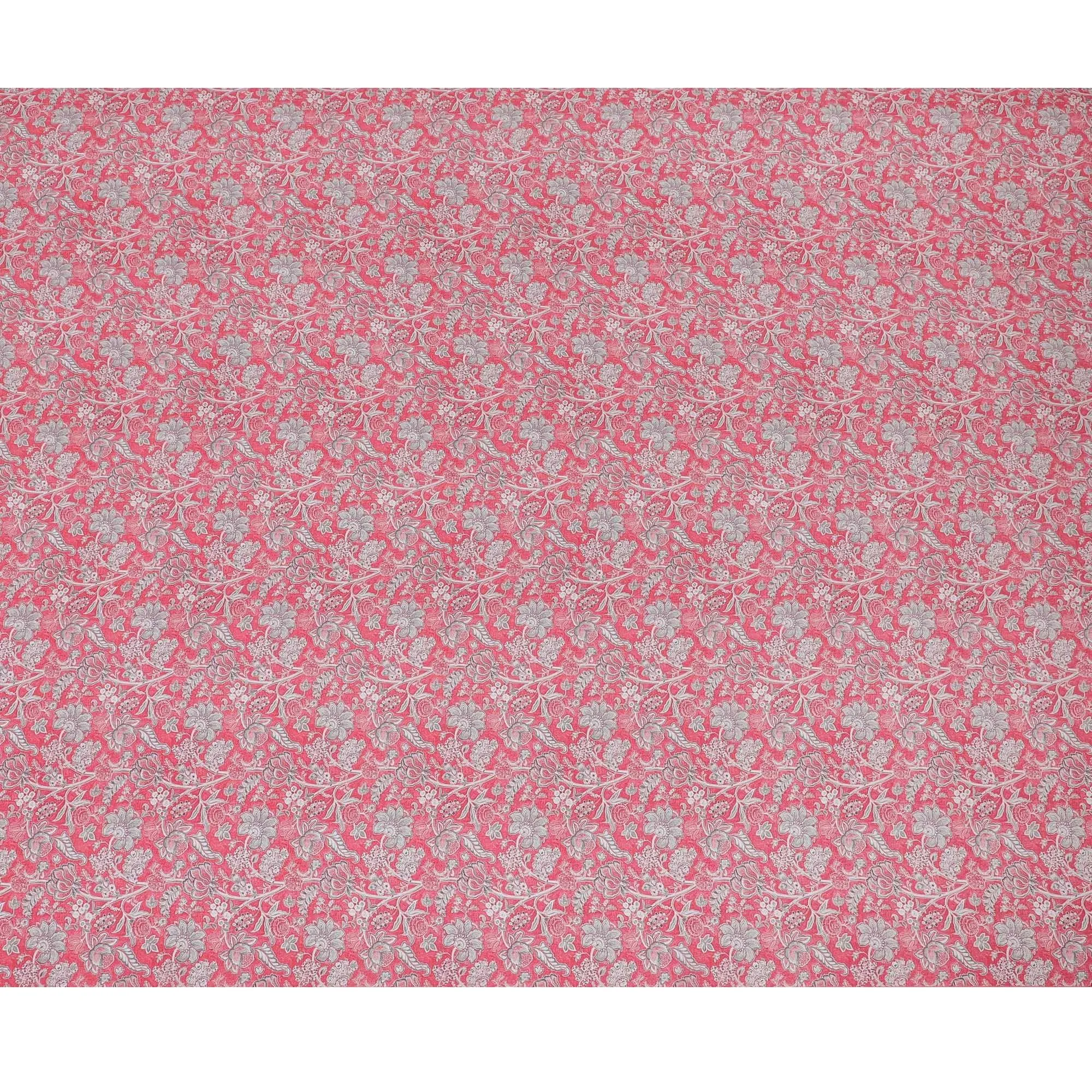 Hot pink synthetic crepe fabric with grey and maroon digital prints in floral design-D15782