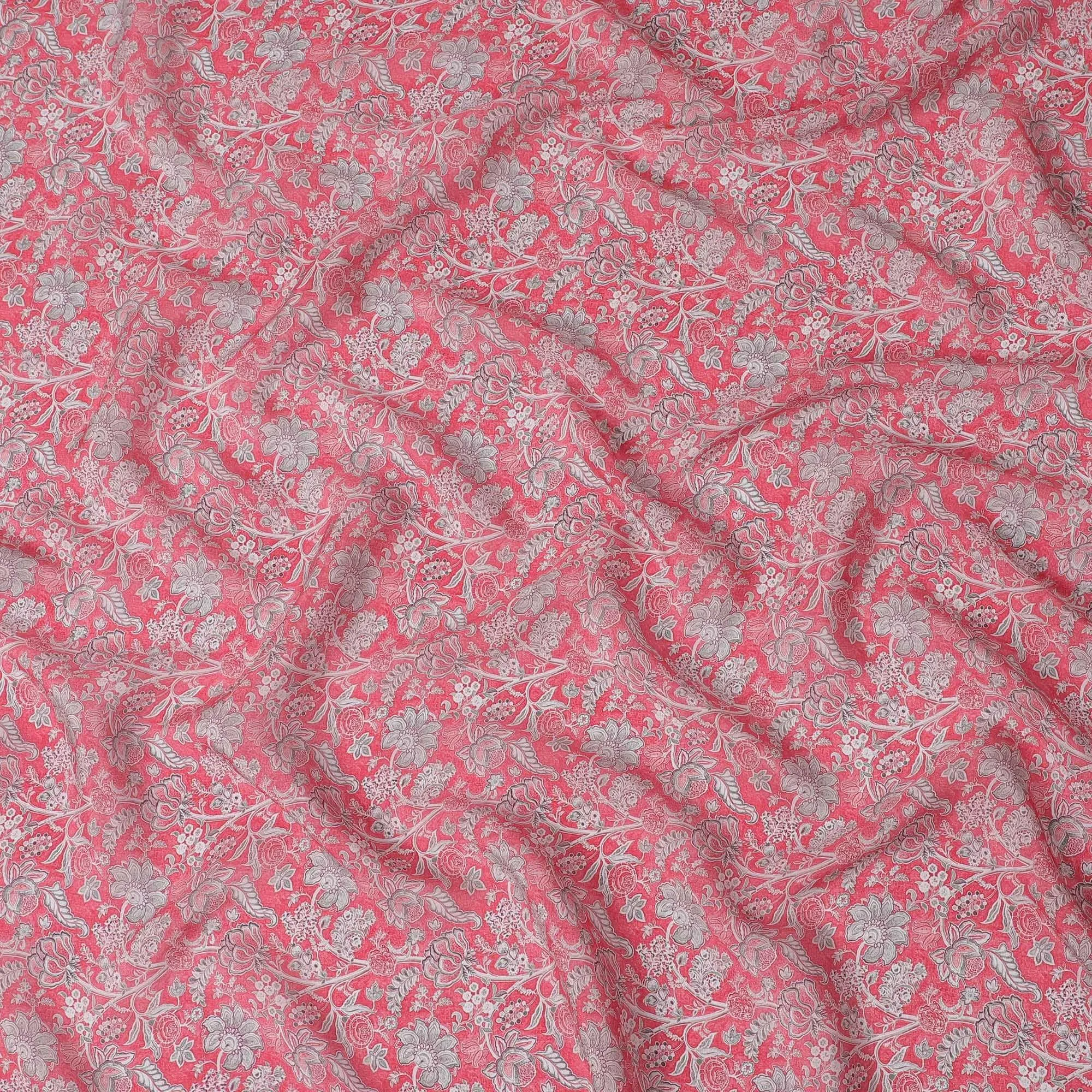 Hot pink synthetic crepe fabric with grey and maroon digital prints in floral design-D15782