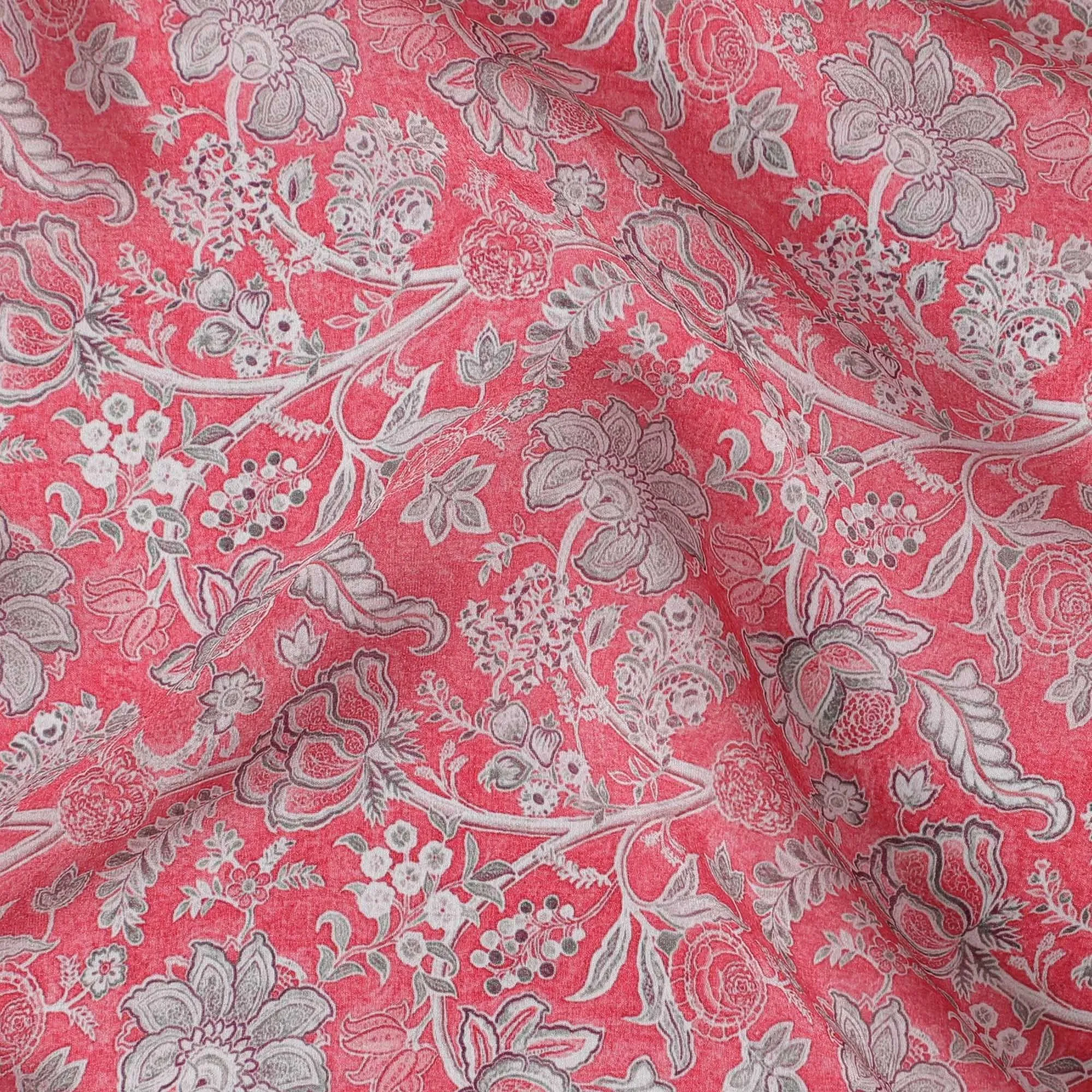 Hot pink synthetic crepe fabric with grey and maroon digital prints in floral design-D15782