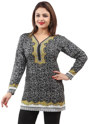 India Tunic Top Kurti Womens Printed Blouse Indian Apparel (Black/Yellow, XS)