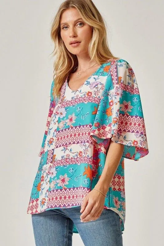 Island Getaway- print flutter sleeve top