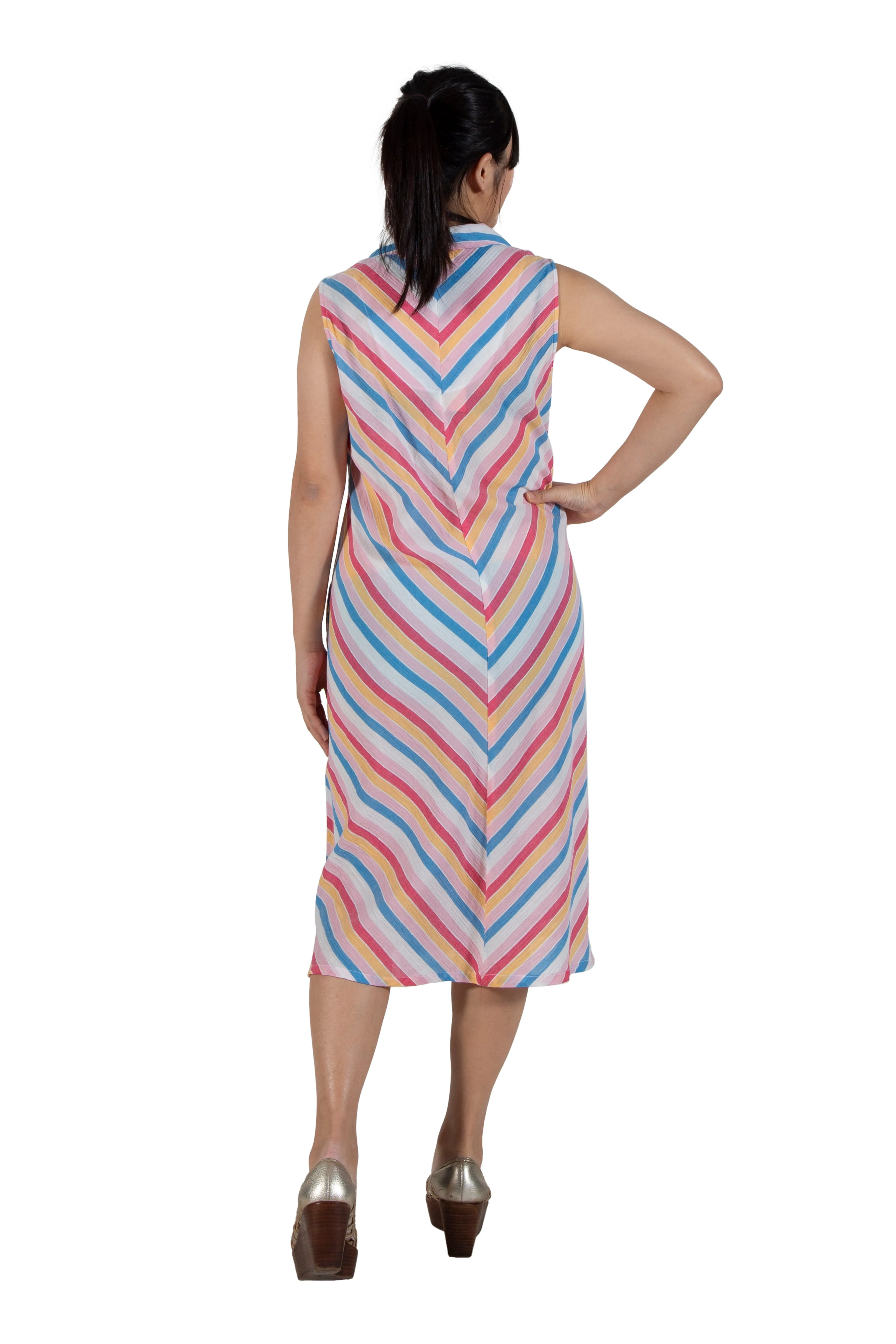 La Cera Stripe Snap Front Sleeveless Cotton Dress