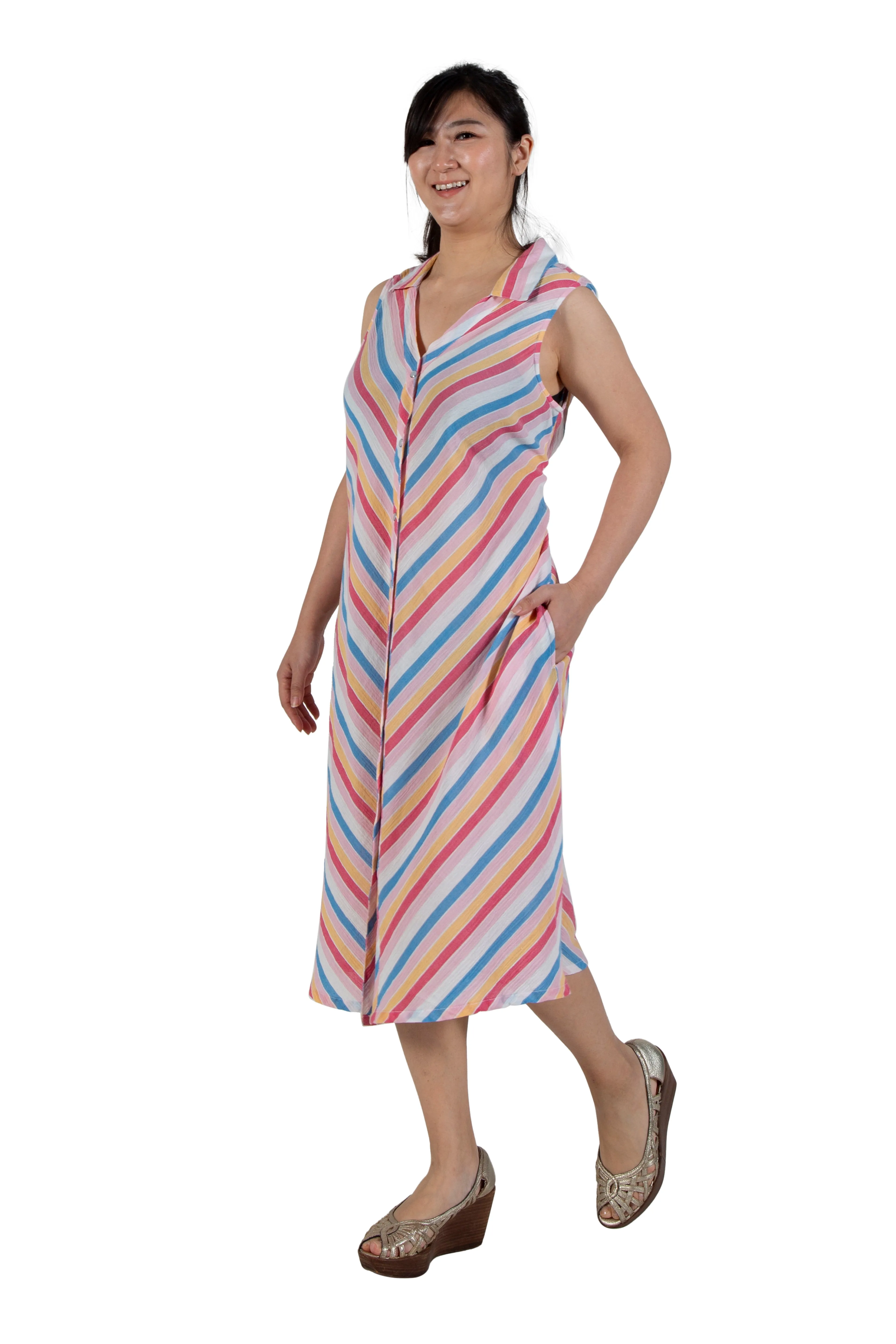 La Cera Stripe Snap Front Sleeveless Cotton Dress