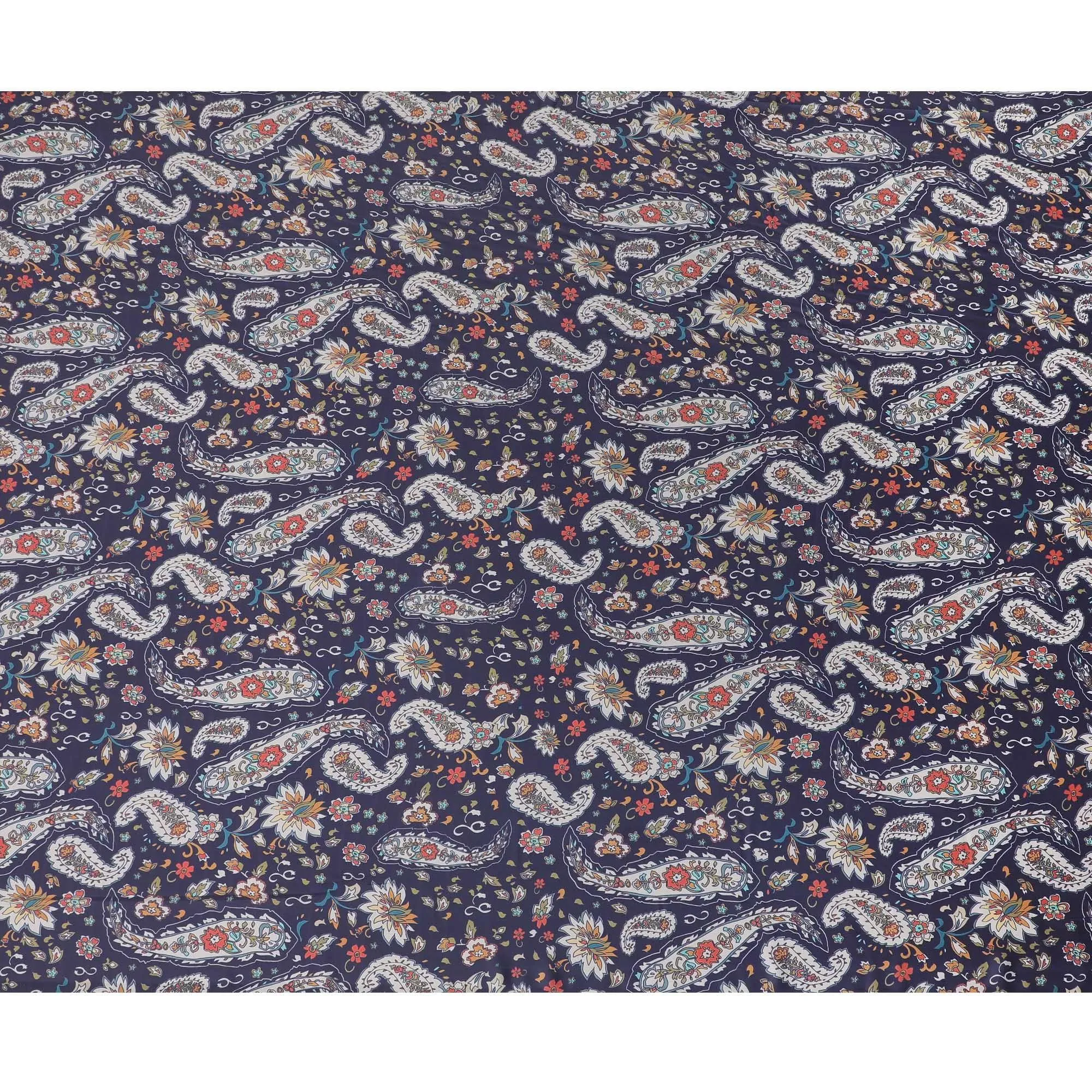 Peacock blue synthetic crepe fabric with multicolor print in paisley design-D15658