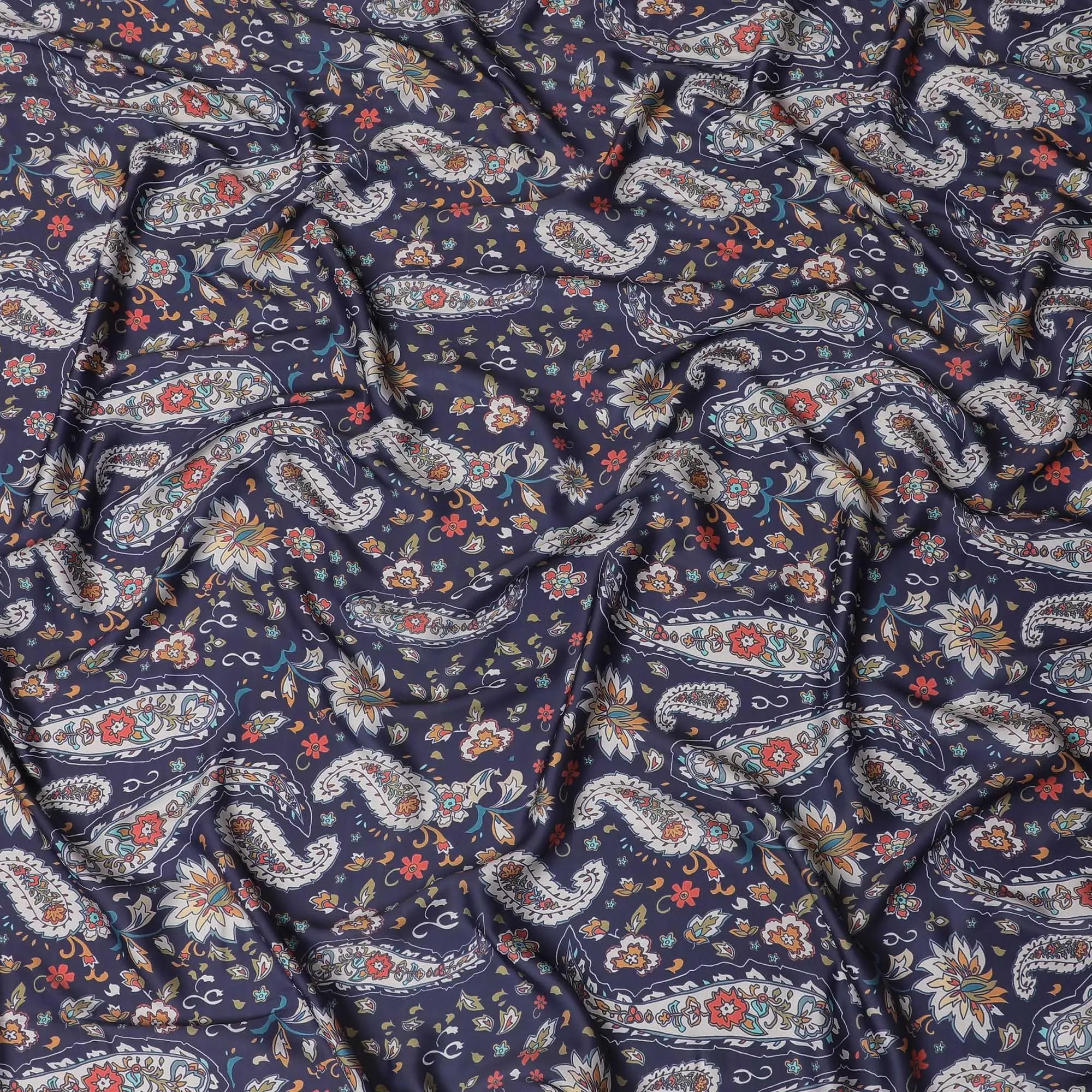 Peacock blue synthetic crepe fabric with multicolor print in paisley design-D15658