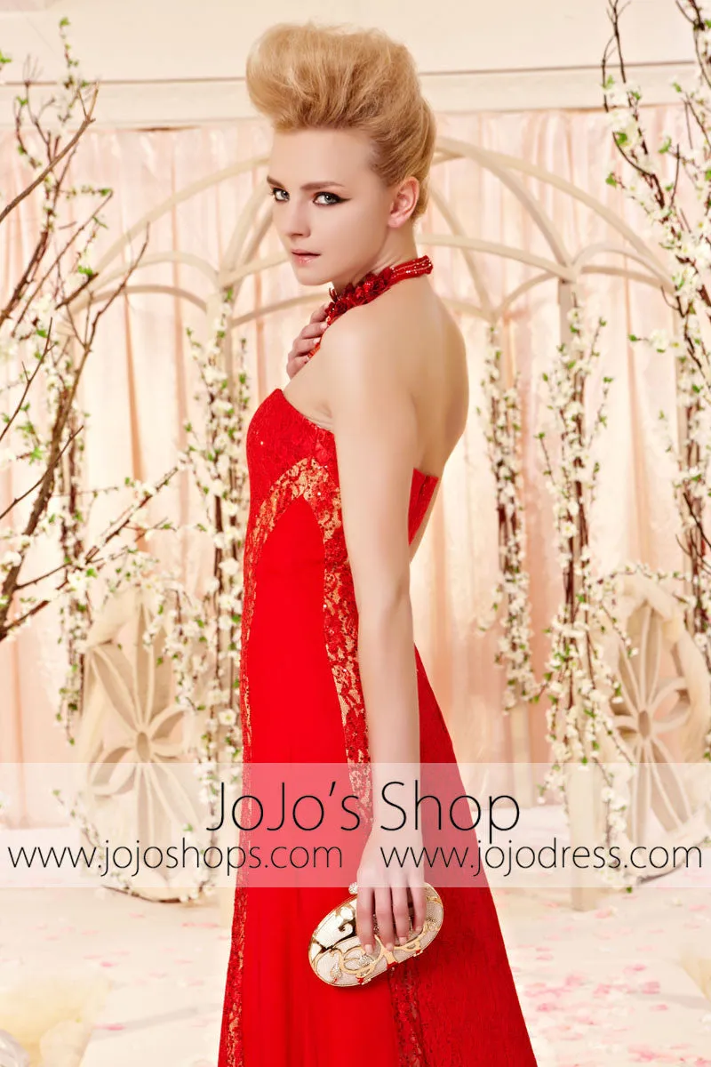 Strapless Red Lace Slim A-line Evening Dress CX830361