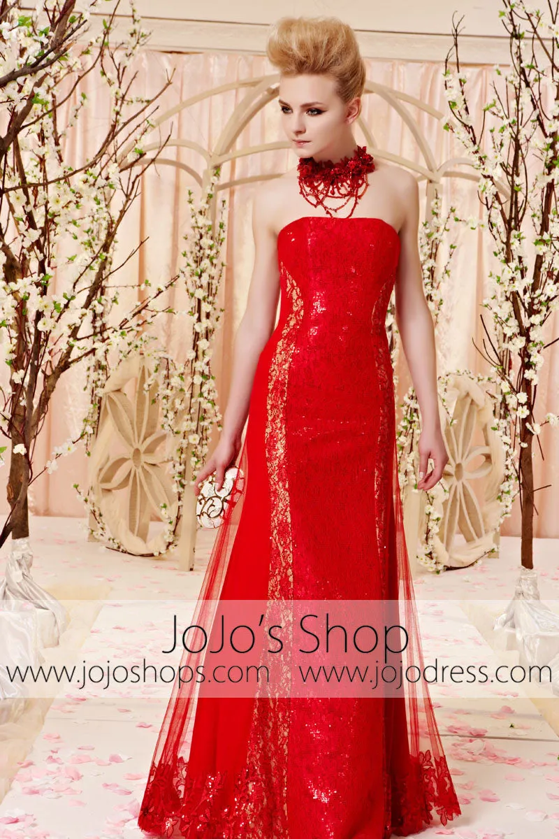 Strapless Red Lace Slim A-line Evening Dress CX830361