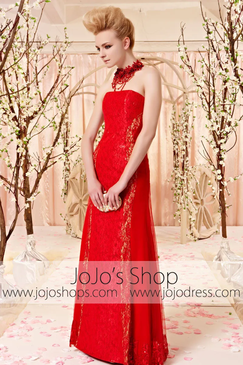 Strapless Red Lace Slim A-line Evening Dress CX830361