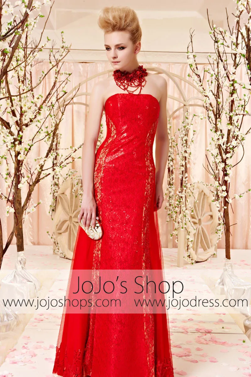 Strapless Red Lace Slim A-line Evening Dress CX830361