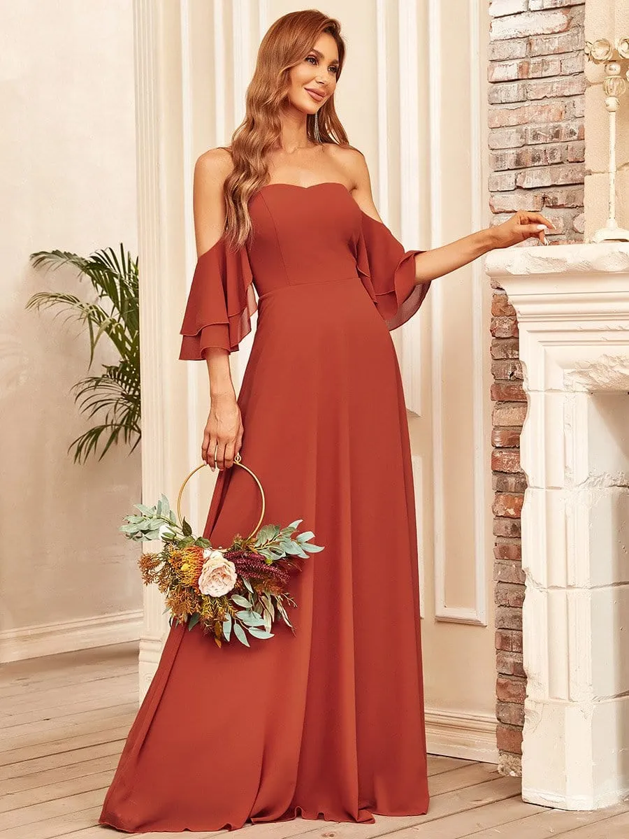 Strapless Sweetheart Off-Shoulder Ruffle Sleeve A-Line Bridesmaid Dress