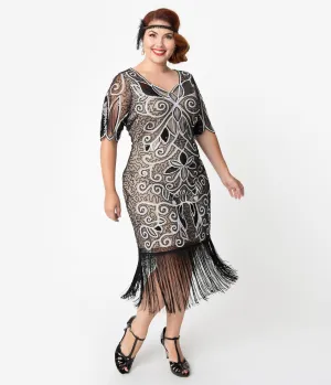 Unique Vintage Plus Size 1920s Style Black & White Sequin Florent Flapper Dress