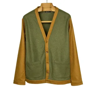 V-neck cardigan jacket in green and brown mixed loden wool