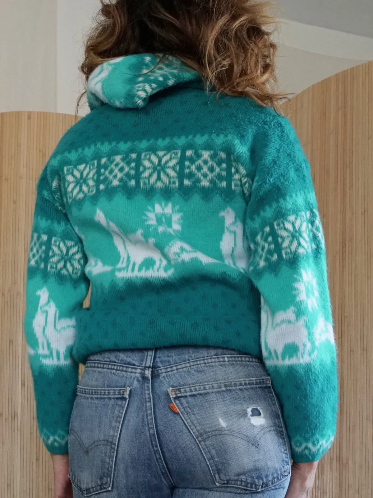 Vintage Alpaca Motif Hoodie Sweater