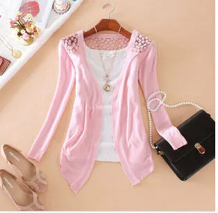 Women Candy Color Slim Thin Lace Hollow Out jacket Women Knitted Cardigan Sweater Tops Irregular Hem Long Sleeve  Outwear Coat