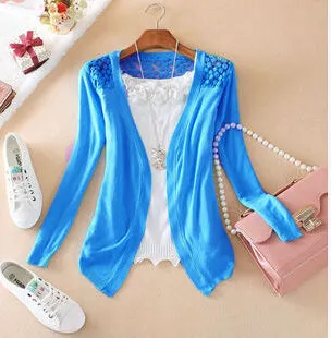 Women Candy Color Slim Thin Lace Hollow Out jacket Women Knitted Cardigan Sweater Tops Irregular Hem Long Sleeve  Outwear Coat