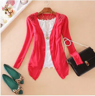 Women Candy Color Slim Thin Lace Hollow Out jacket Women Knitted Cardigan Sweater Tops Irregular Hem Long Sleeve  Outwear Coat