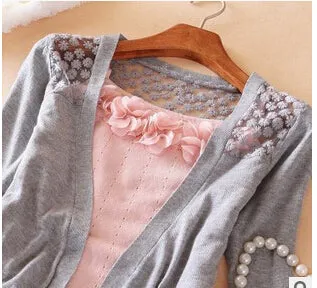 Women Candy Color Slim Thin Lace Hollow Out jacket Women Knitted Cardigan Sweater Tops Irregular Hem Long Sleeve  Outwear Coat